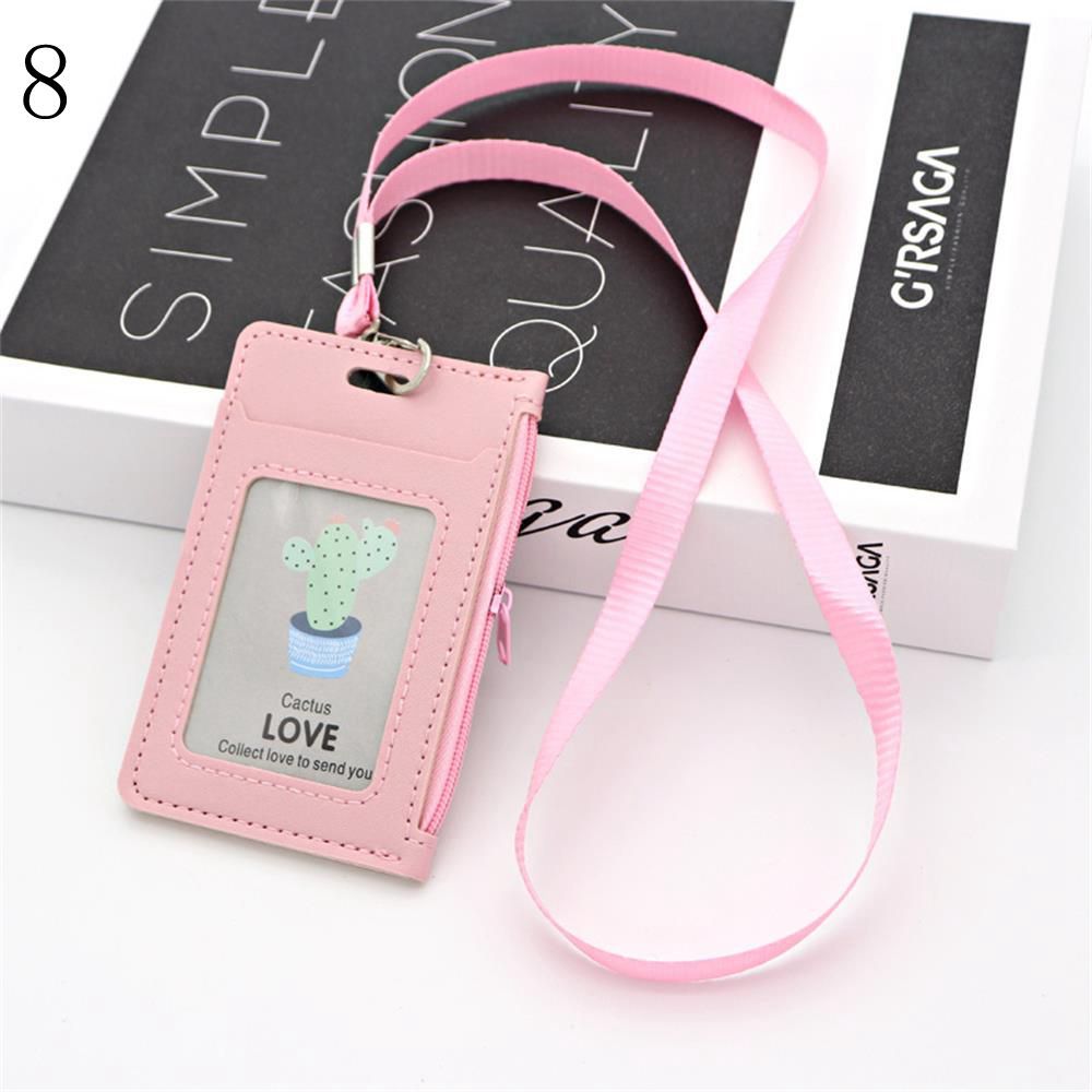 Faux Leather ID Badge Card Holder Zipper Card Cover Bag Coin Purse Business Card Case with Neck Lanyard: 8