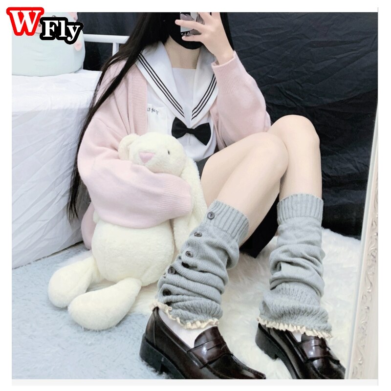 Calentadores de pierna con botón para mujer, medias, calentador de piernas JK Lolita Kawaii, tejido de lana, calentador de piernas, conjunto de botas de manga
