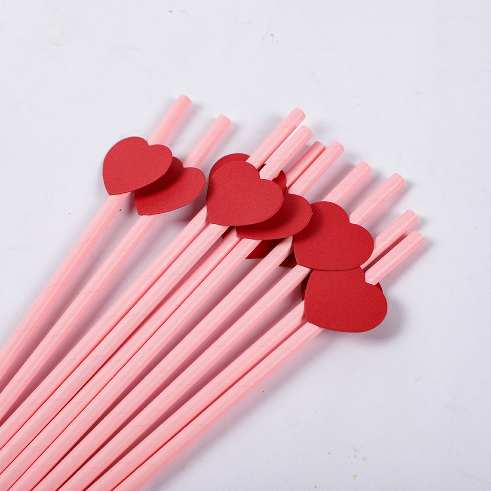 20Pcs Red Love Heart Paper Straws Romantic Wedding Party Straws Tableware Supplies Happy Valentine's Day Party Decoration: Pink