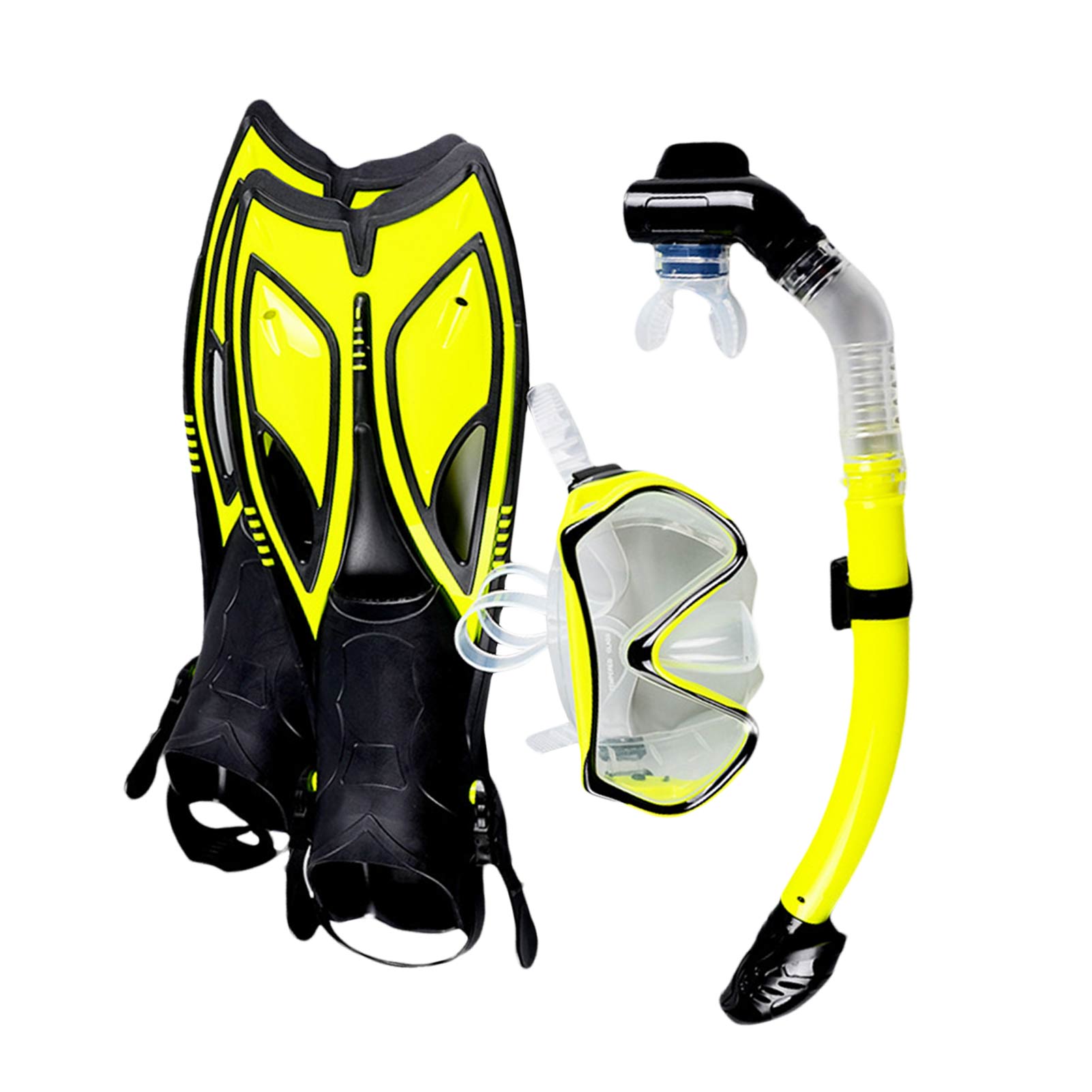 Large Frame Tempered Glass Snorkeling Face Gear Suit Adult Anti-fog Leak-proof Diving Goggles Full Dry Snorkel Flippers Set: Yellows S