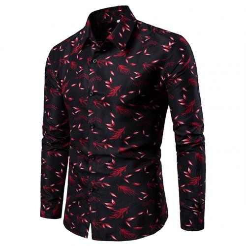 Camisa a la para hombre 4XL, cuello vuelto, informal, manga larga, estampado de hojas, botón, camisa delgada de talla grande, camisa de Negocios Sociales para hombre: Rojo / M