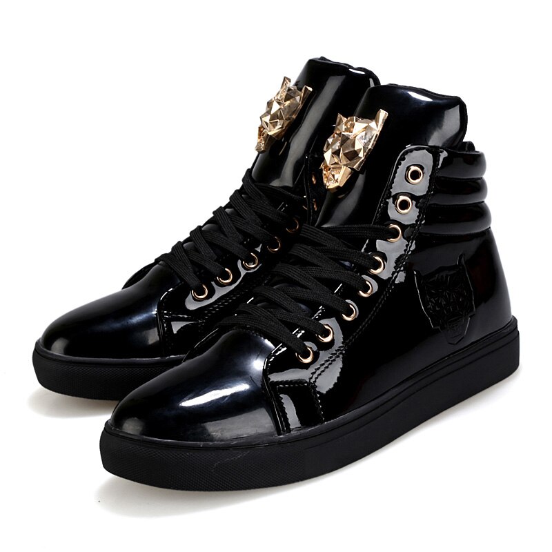Seje mænd high top mænd guld glitter krasovki sneakers bling platform flats sko mand blank vulkaniseret leopard hoved sko: Sort / 9
