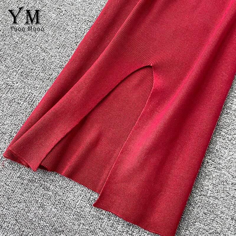 Yuoomuoo Knoop Elegante Dames Office Dress Zomer V-hals Gebreide Werk Jurk Vrouwen Rood Zwart Split Midi Bodycon Jurk vestido