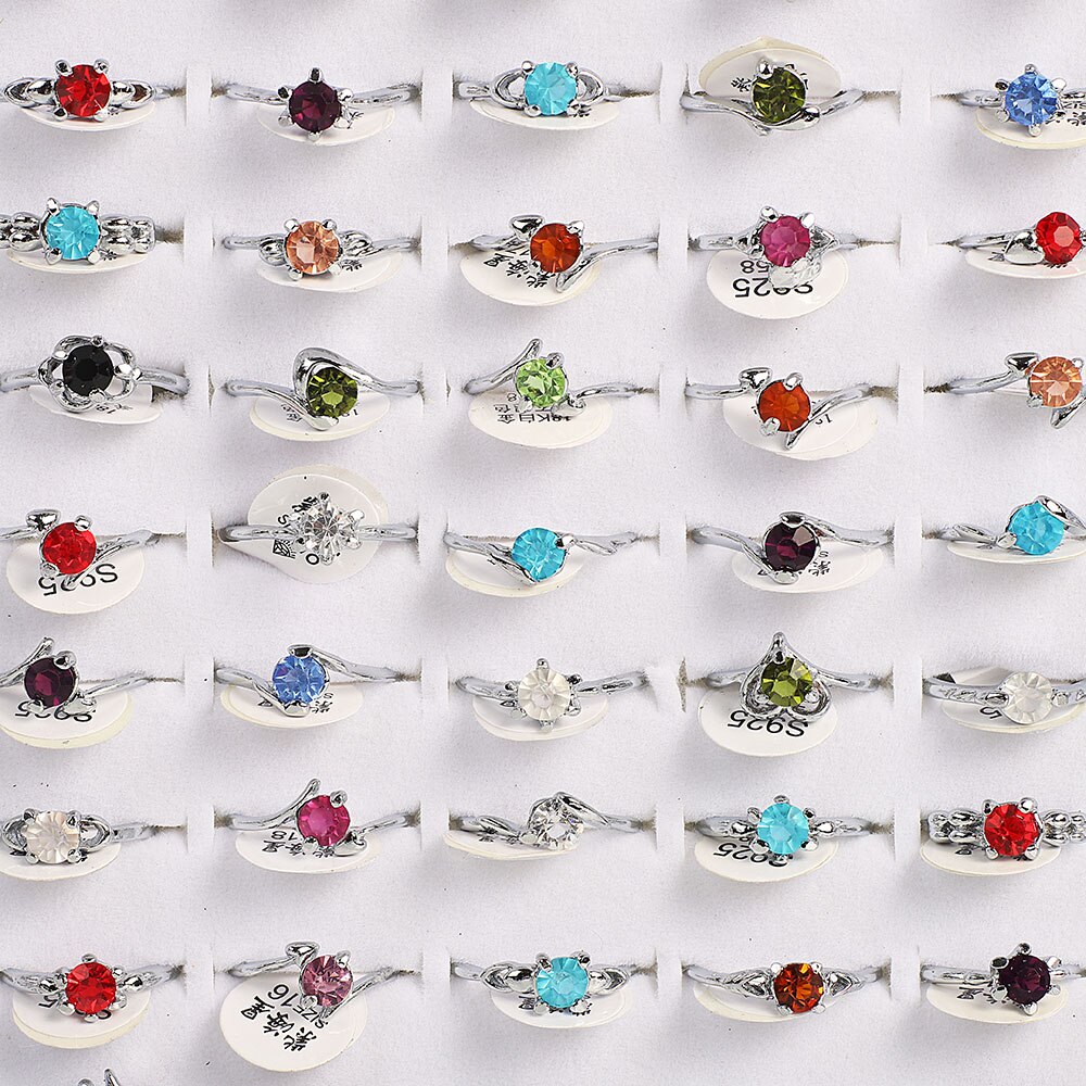 Viele Arbeit 20Stck Farbe Kristall Strass Silber Überzogen Frauen Ring Engagement Hochzeit Party Schmuck