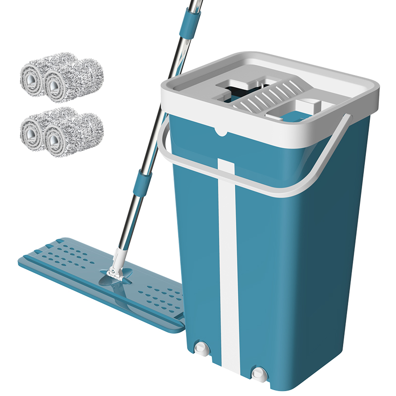 Magic Cleaning Mops Free Hand Mop with Bucket Floors Squeeze Flat Mop with Water Home Kitchen Floor Cleaner: Blue 4 mops