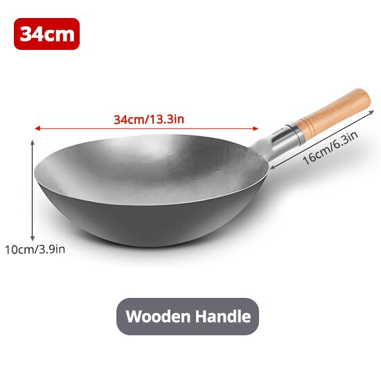 Konco jern wok kinesisk kogekande generel anvendelse til gas- og induktionskomfur støbejernspande køkkenredskaber: 34cm( træhåndtag)