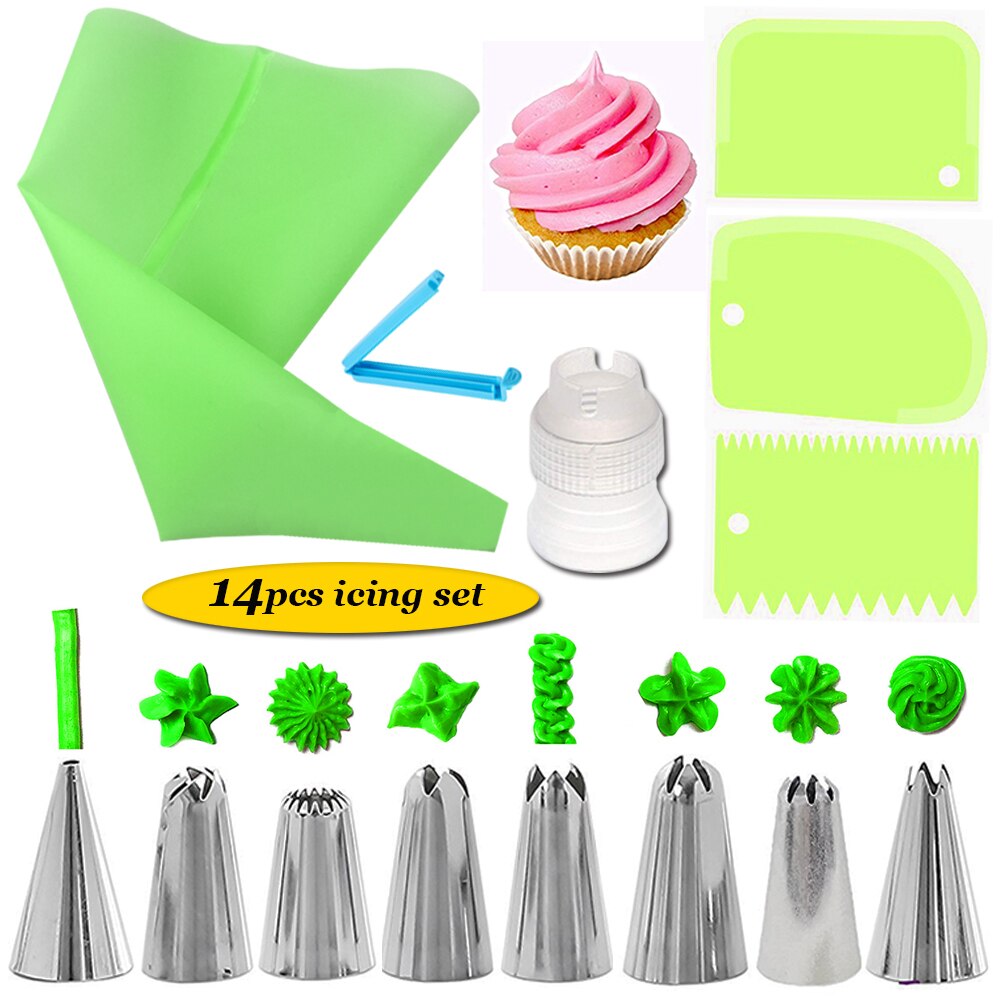 14 Stuks Cake Decorating Kit Rvs Piping Nozzle Tips Bakken Set Voor Cake Cookies Piping Nozzle Tips Bakken Set: green