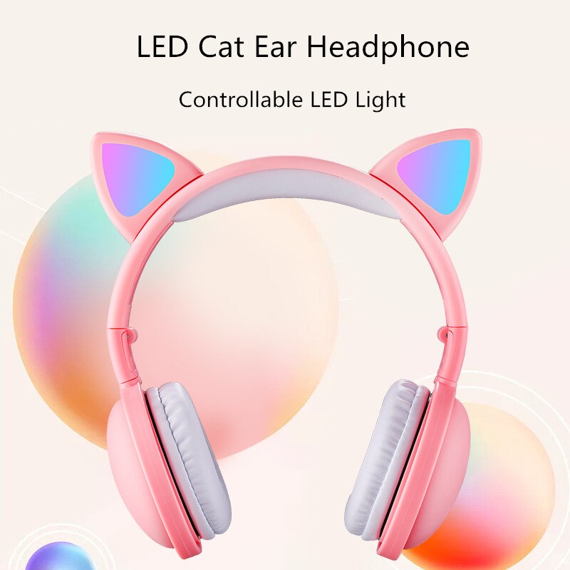 Cat Ear LED Headphones Noise-Cancelling Bluetooth 5.0 Kids Girls and Boys Folding Headset Support TF Card 3.5mm Plug With Mic