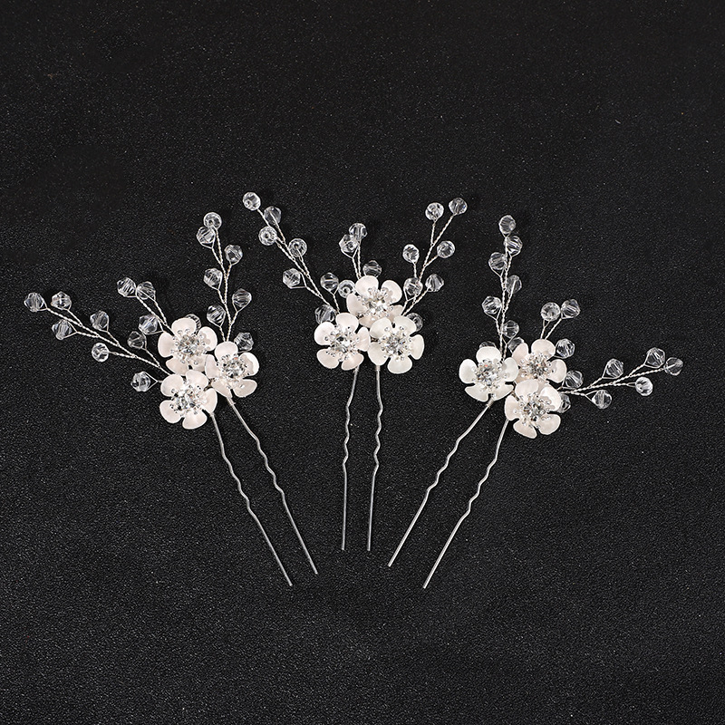 Horquilla en forma de U de flor blanca para mujer, 3 piezas, pinzas para el pelo elegantes, accesorios de joyería para el cabello, adornos para la cabeza de boda: Chapado en cobre envejecido