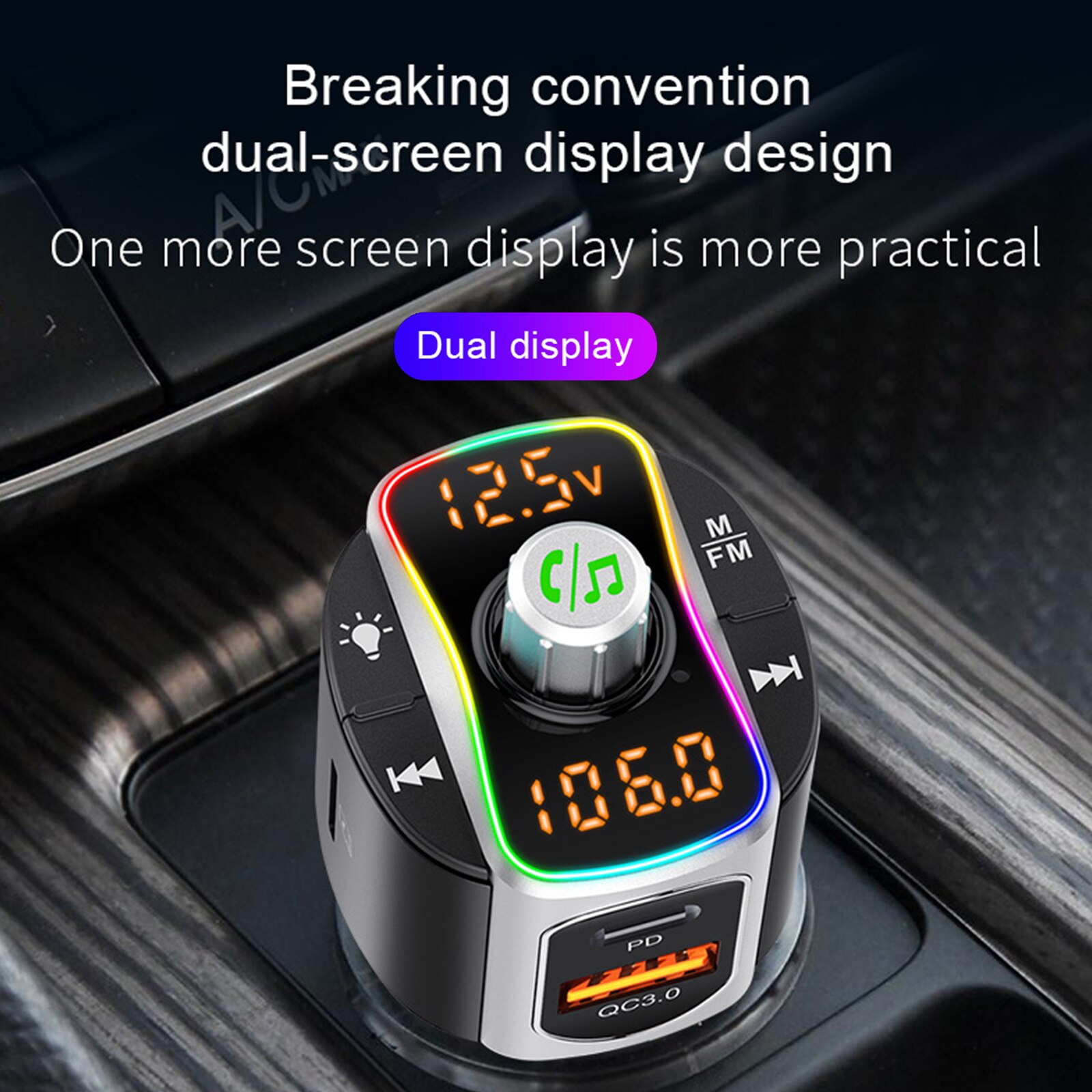 BC67 Car FM Transmitter Bluetooth 5.0 MP3 Audio Player QC3.0+PD Fast Charging Wireless Handsfree Car Kit with LED Backlit