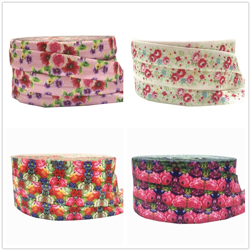 5 Yards 16mm Multi Floras Russische bloemen Vouw Over Elastische Baby Hoofdband Meisjes Haar banden Haaraccessoires Craft Supply