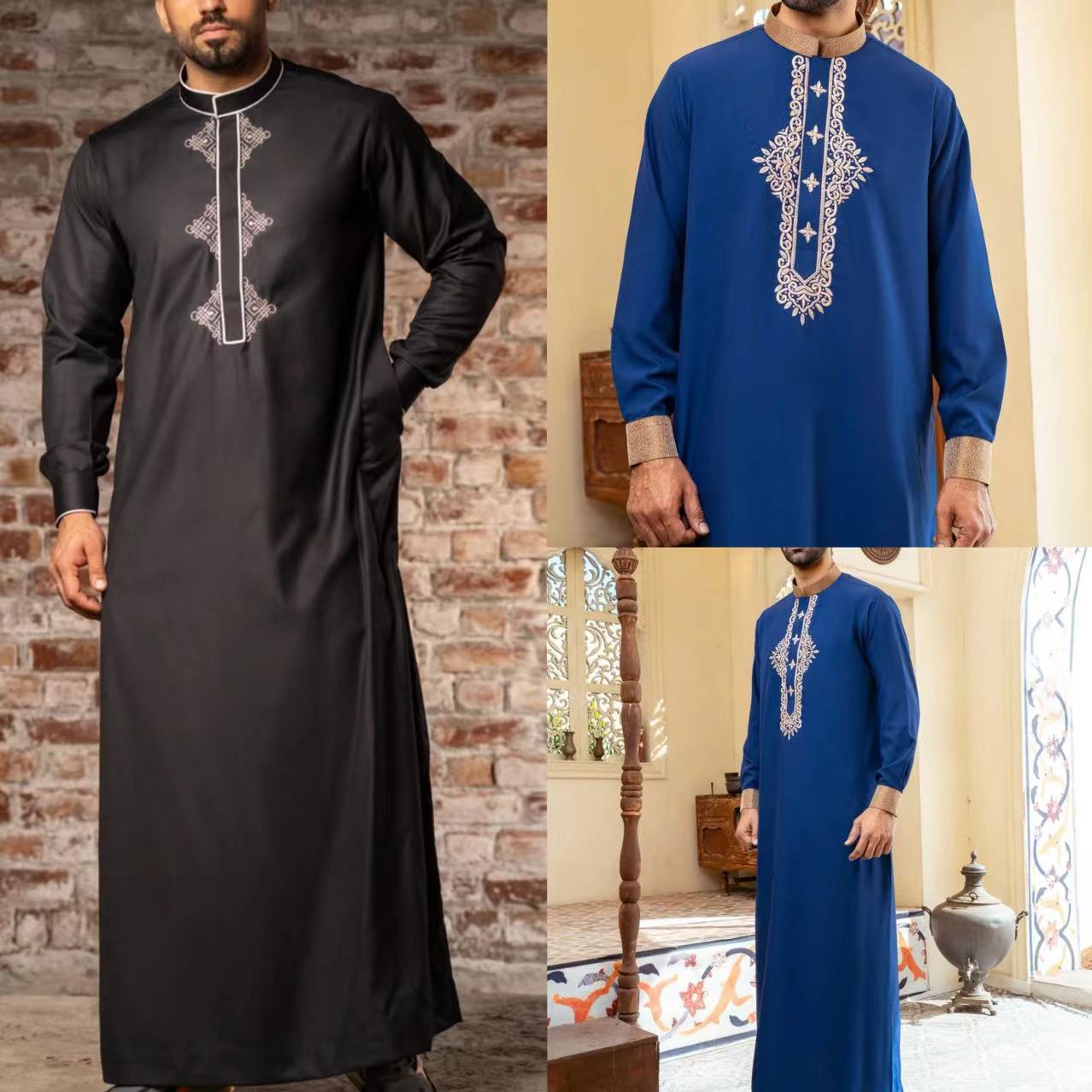 Túnica holgada islámica para hombre, manga larga, cuello levantado, bordado, estilo étnico árabe tradicional, vestidos formales informales para hombre Thobe