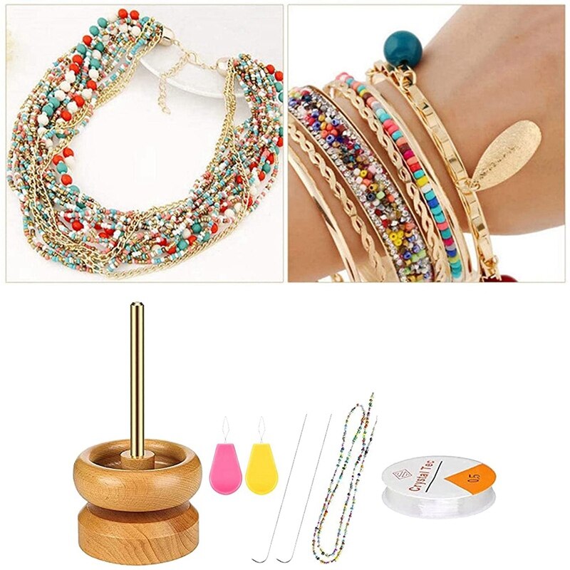 -Wooden Bead Spinner Bowl Bead Loader With Beading Needles For Stringing Crafts DIY Spinning Bracelet Jewelry Making Tool