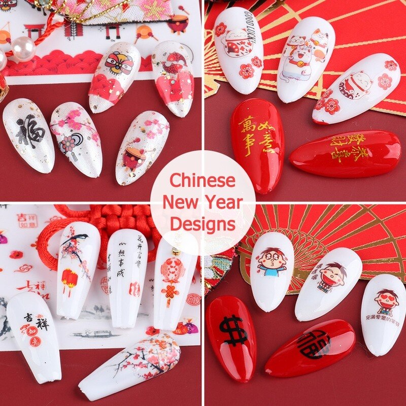 Year Nail Sticker Water Decals Mahjong Chinese Character Personality Nails Slider Art Decoration Manicure