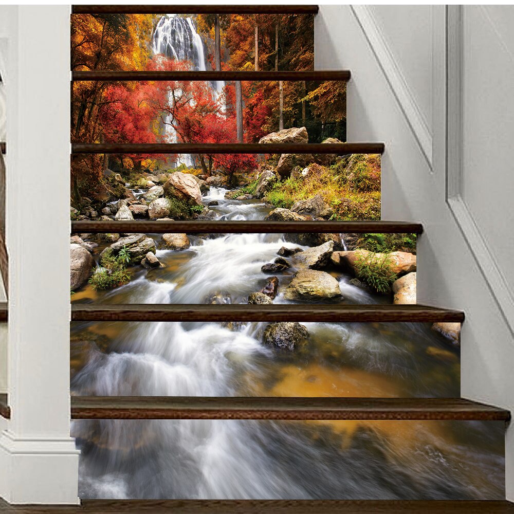 Pegatina para decoración de escaleras, calcomanías artísticas autoadhesivas de PVC, con de cascada, río, casa y escaleras