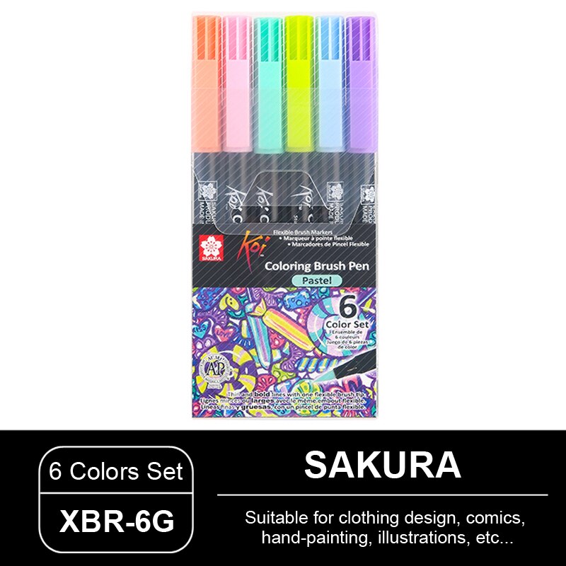 Juego de plumas de acuarela para colorear, pluma de cabeza suave de SAKURA de Japón, XBR, ilustración de cómic pintada a mano, secado rápido sin olor: XBR-6G