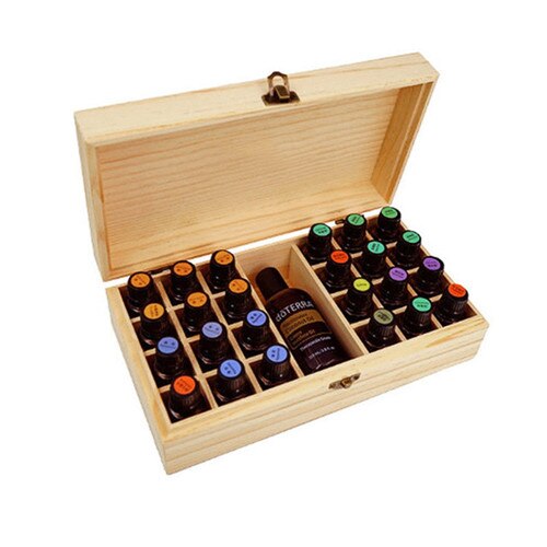 Frascos de aromaterapia de madera maciza con 25 ranuras, soporte para caja de aceites esenciales, organizador de almacenamiento para el hogar, 18,3x18,3x8,3 cm, madera de pino: 24 add 1
