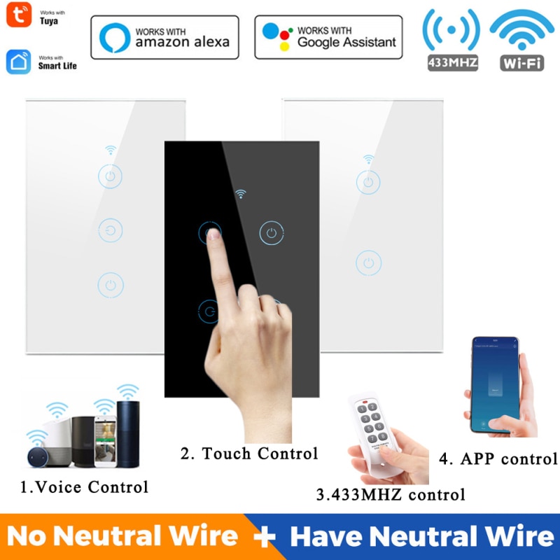 WiFi Smart Light Touch Switch No+have Neutral Wire Smart Life Tuya APP control Alexa Google Home Compatible 1/2/3 Gang Panel