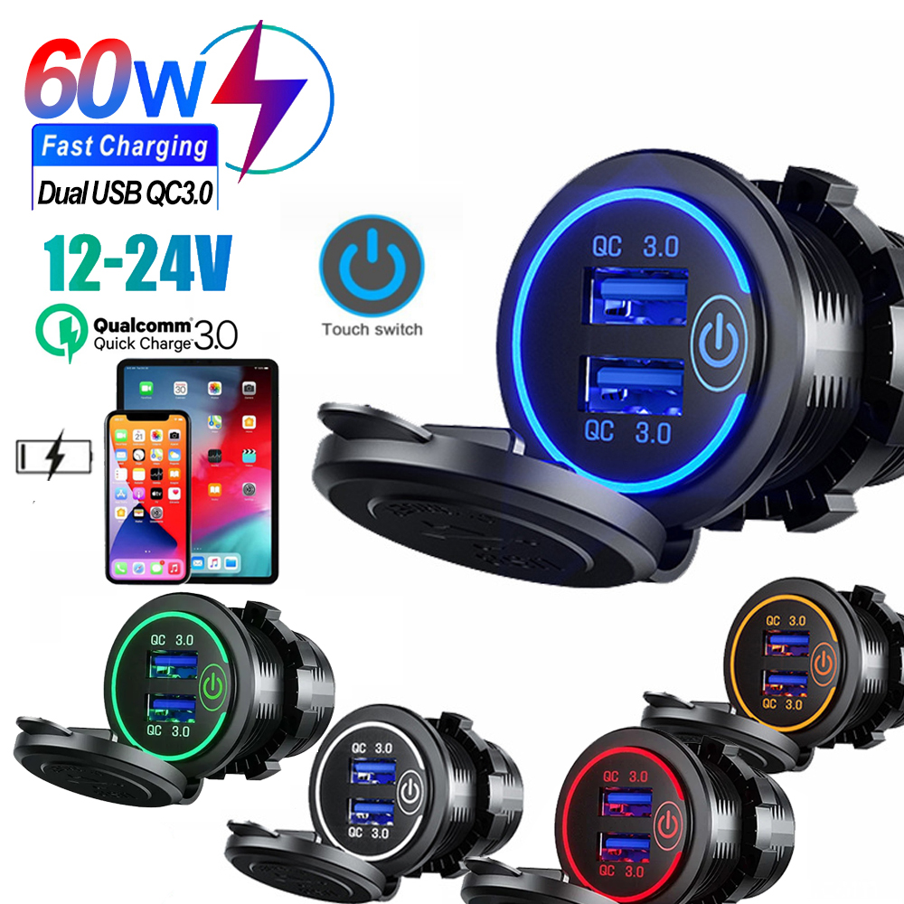 Schnellladung, Dual-USB-Anschlüsse, Autoladegerät, wasserdichte Schnellladebuchse, Steckdose mit LED-Licht für Motorrad-Autoladung