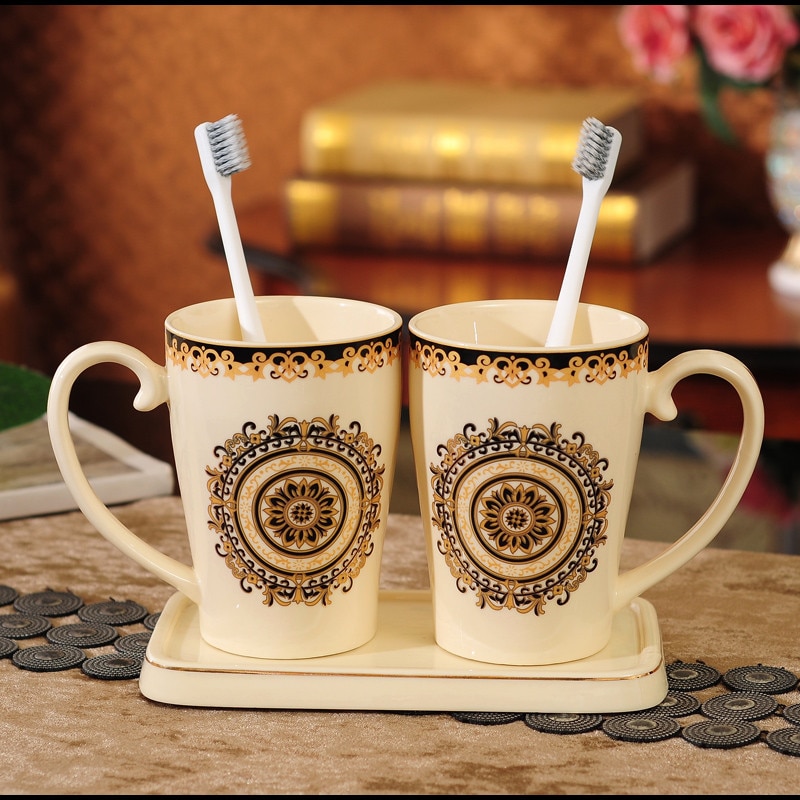 Juego de accesorios de baño de cerámica para cepillos de dientes taza de gárgaras con bandeja estilo europeo 3 piezas Set de de boda