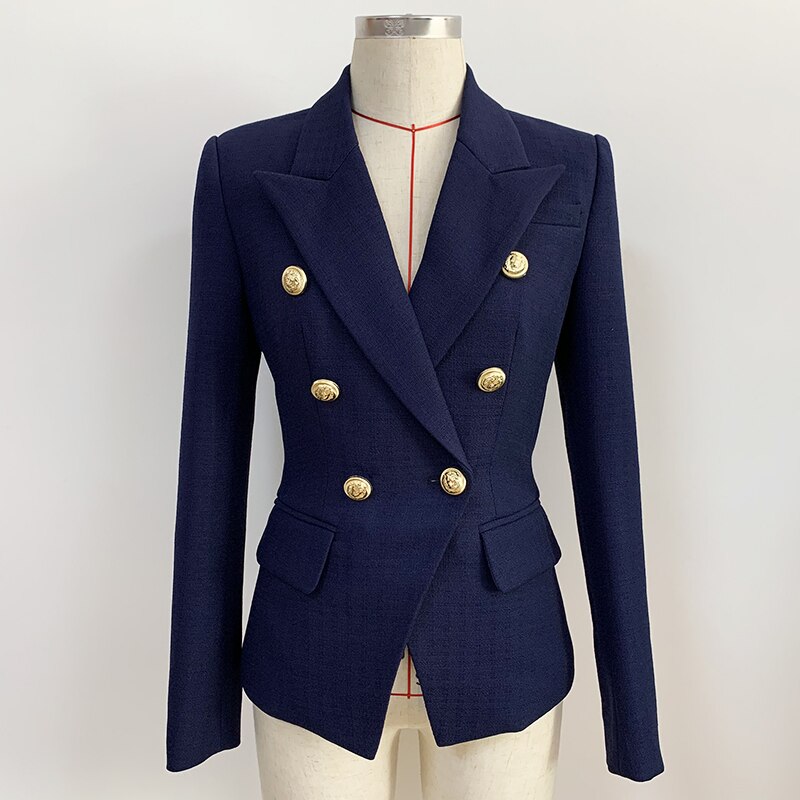 Nieuwste 2022 klassieke damesjas met #39 leeuwenknopen, dubbelrijs slim fit, getextureerde blazer, bovenkleding: Marineblauw / S