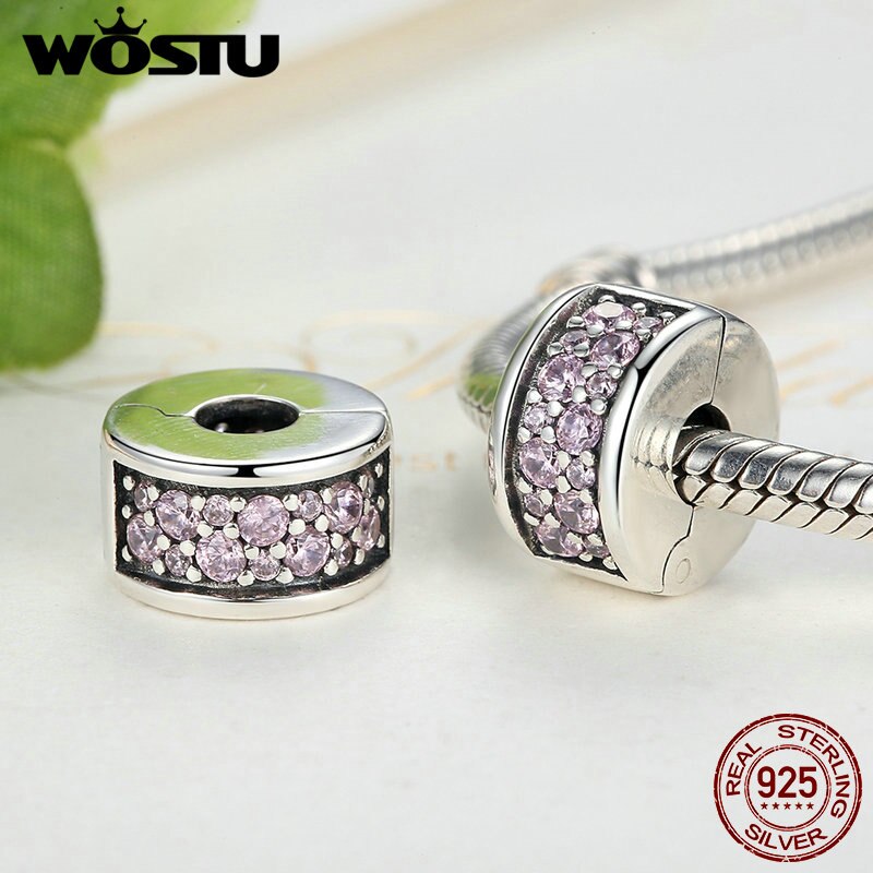 WOSTU 100% 925 Sterling Silver Shining Elegance Clip Charm With Pink CZ Fit Original wst Bracelet Pendant Authentic Jewelry