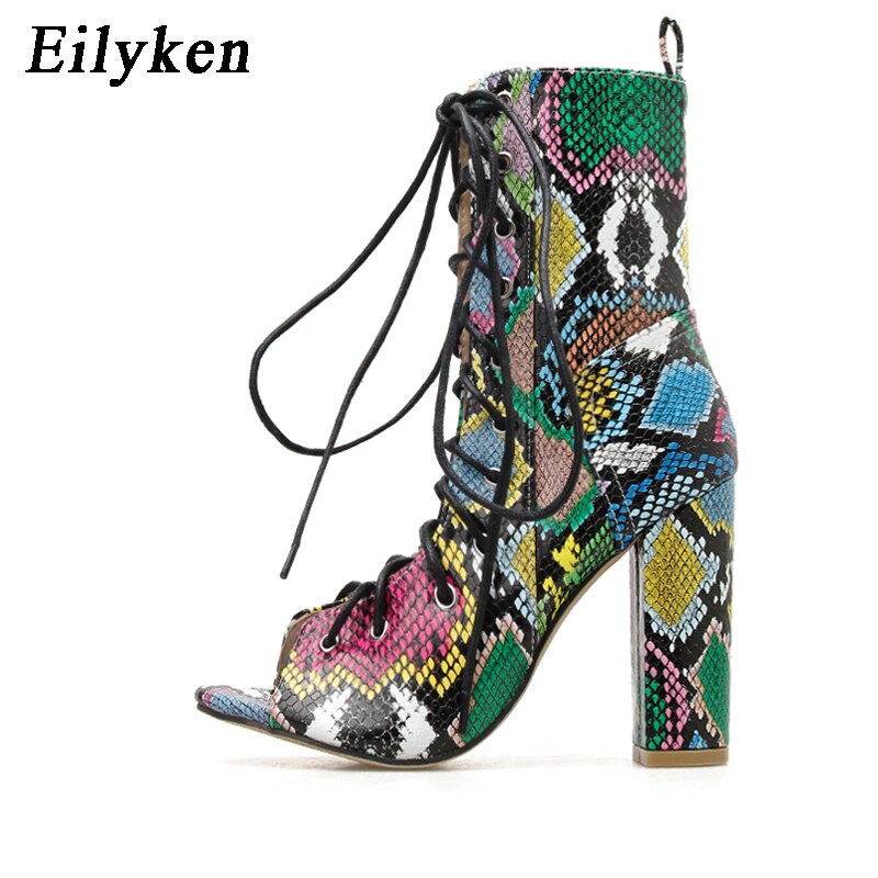Eilyken zomer gemengde kleuren slangenprint dames enkellaarsjes sandalen pu leer open teen holle kruis veterschoenen