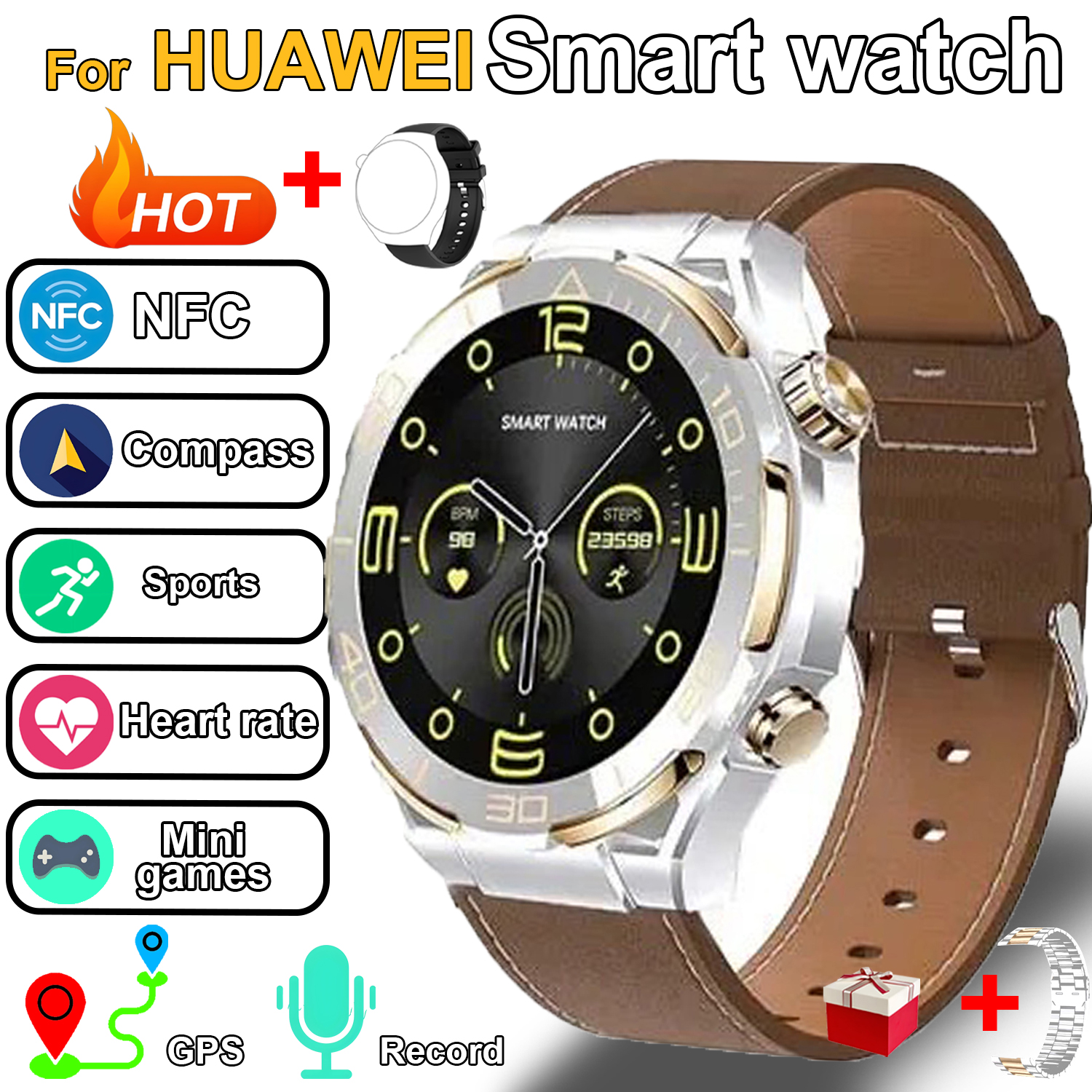 Nowy inteligentny zegarek sportowy dla mężczyzn 420mAh Kompas GPS NFC BT Monitorowanie tętna Smartwatch dla Huawei 2025 sprytny zegarek: Czerwony