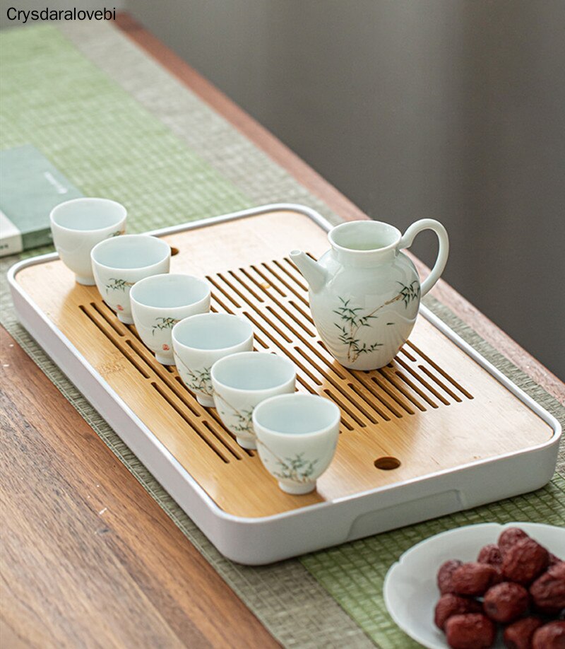 Melamine + Bamboo Tea Tray Water Storage Tray Modern Tea Set Tea Table Zen Tray Rectangular Traditional Bamboo Board Chinese Te