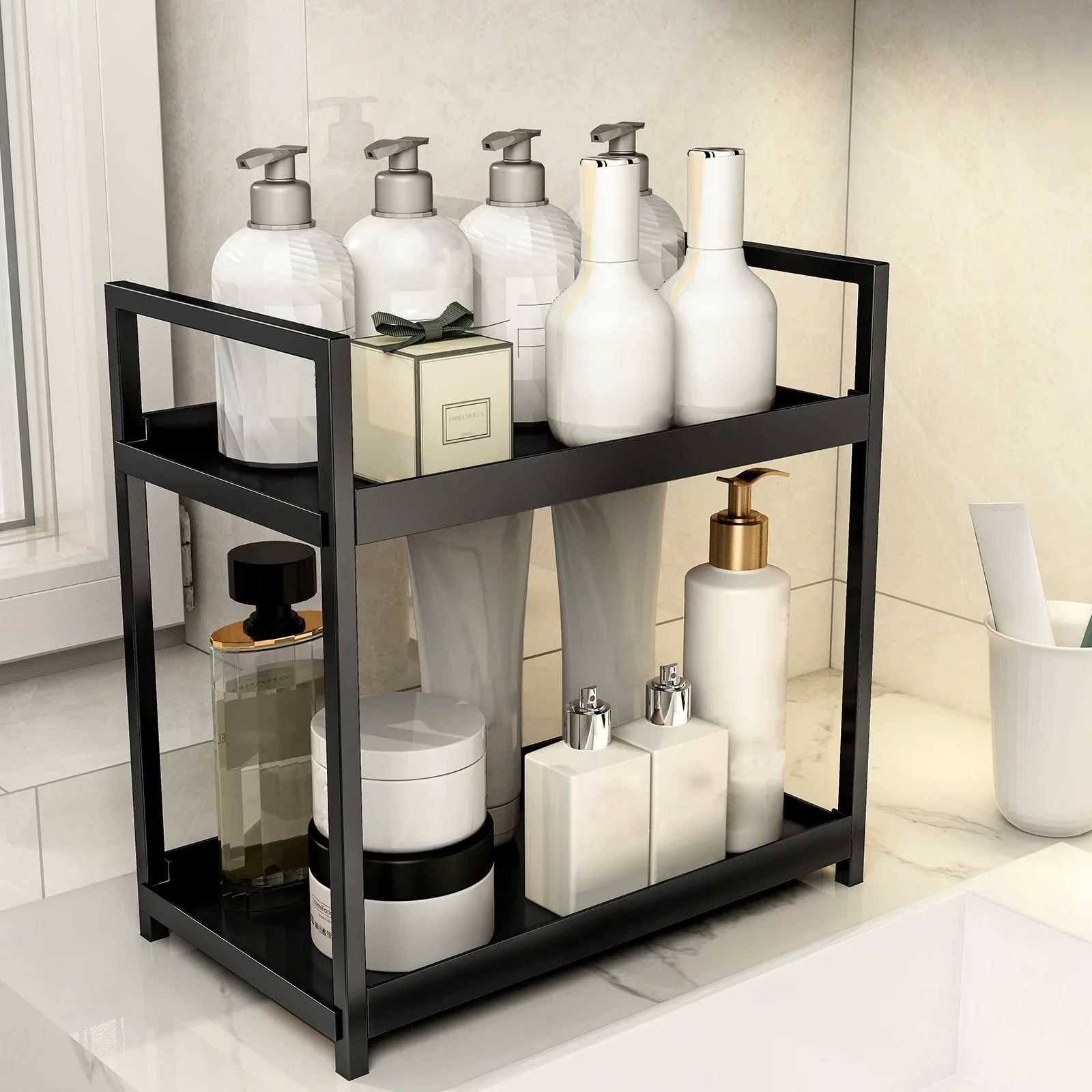 Double storage shelf Kitchen plastic organizer Bathroom countertop Perfume and cosmetics shelf Dressing table: Light Grey