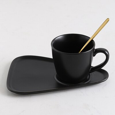 Creatieve Keramische Koffie Set Porseleinen Koffie Kop En Lade Met Gratis Lepel 250 Ml Nordic Stijl Tonen Plaat Voor Photogragh: all black