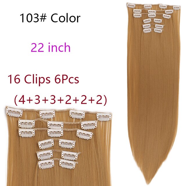 MANWEI Clips In Hair Extentions Women Synthetic Hair Extensions 6 Pcs/Set 16 Clips 22 Inch Synthetic Hair Piece: 103