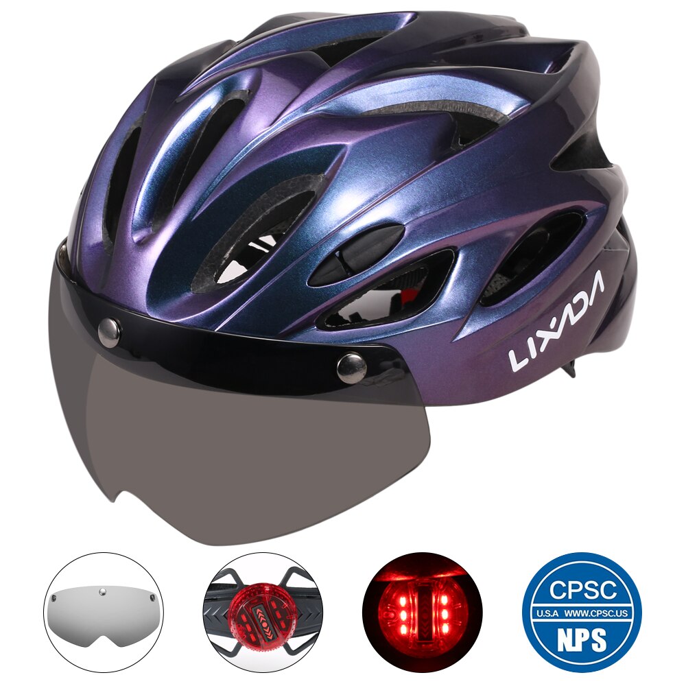 Lixada Bike Cycling Helmet with Detachable Magnetic Goggles LED Light Mountain Road Bicycle Helmets Safety Protective Helmet