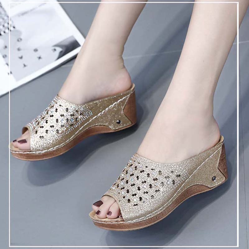 Zomer Vrouwen Wedge Sandalen Premium Bling Bling Open Teen Sandalen Vintage Anti-Slip Lederen Casual Vrouwelijke Platform Schoenen