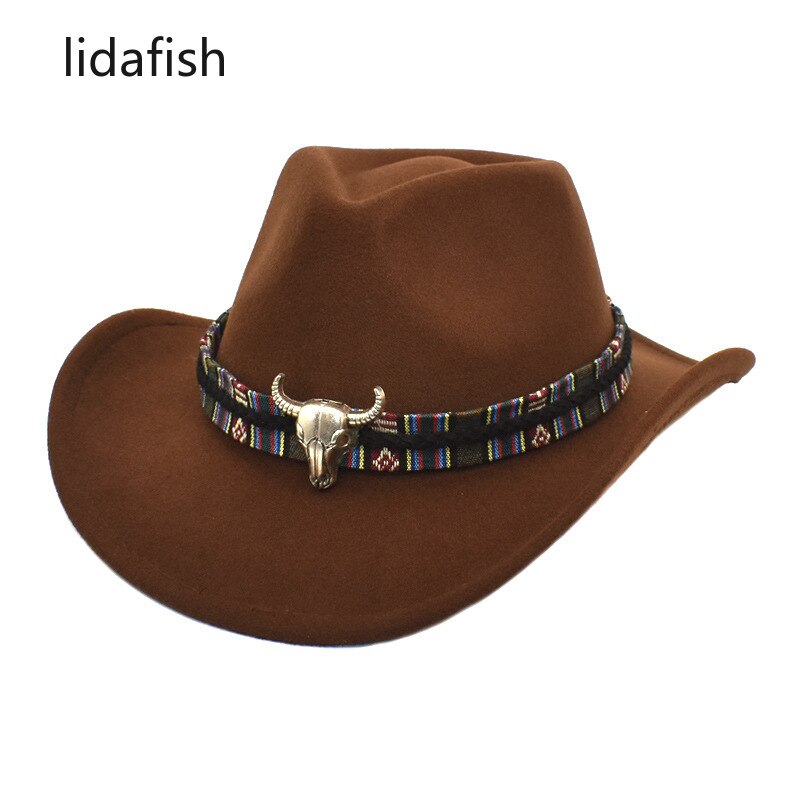 Lidasfish-Sombrero de vaquero occidental de ala ancha con banda para la Cabeza de Vaca, sombreros de Jazz de fieltro para hombre y mujer, gorra de Panamá negra, Otoño e Invierno