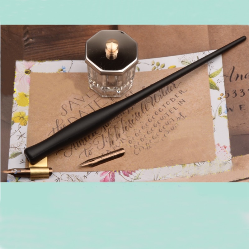 Harpiks skrå kalligrafi dip pen sæt med 2 spidser 1 fountain pen holder kobberplade script dip pen