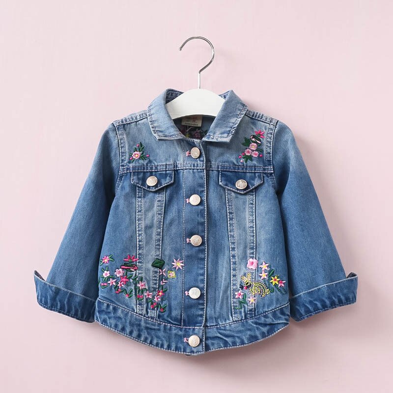 Abrigos de tela vaquera para niña, chaquetas con bordado de flores para niña, ropa vaquera con cuello vuelto, prendas de vestir exteriores para niños de 3 a 9 años, primavera: 2-3T