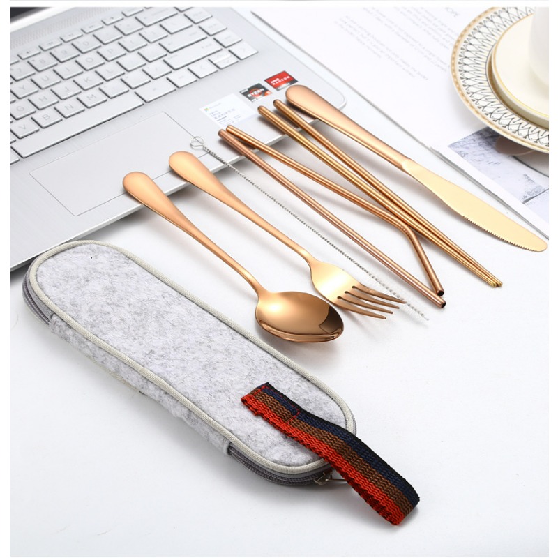 Vajilla portátil de acero inoxidable, vajilla occidental, palillos y pajitas, juego de cubiertos de viaje reutilizables, juego de utensilios para campamento