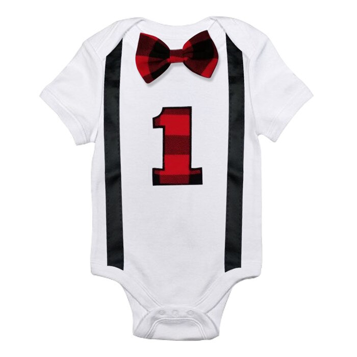 Um tamanho de algodão bebê menino macacão traje crianças carta macacões 1st aniversário outfits recém-nascidos meninos roupas do bebê 12 meses: R7