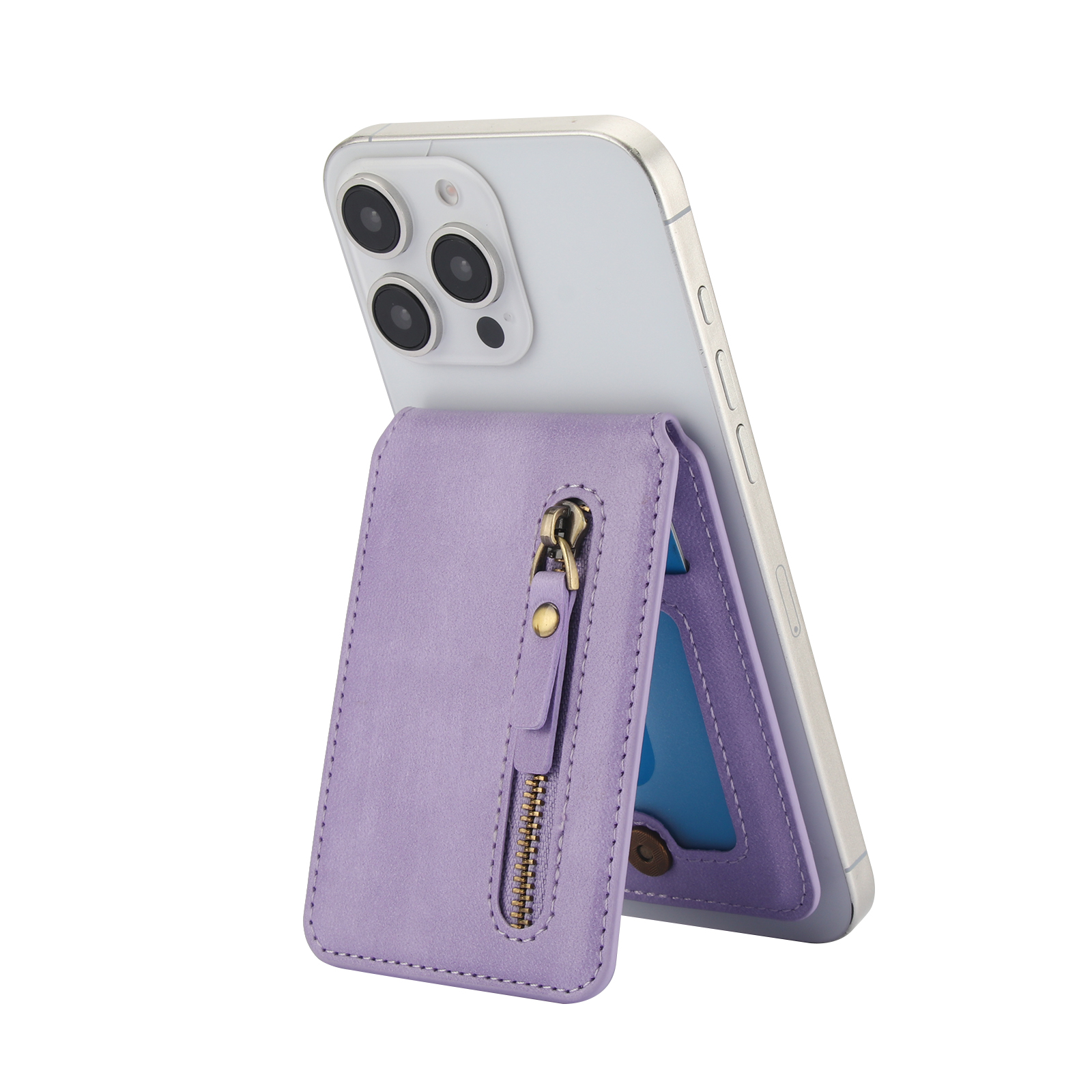 Magnetisk kortholder med glidelås, lommebok med vertikal åpning til magsafe, til iphone 16 pro max , 15 14 12, 13 deksel, tilbehør, veske: Lilla