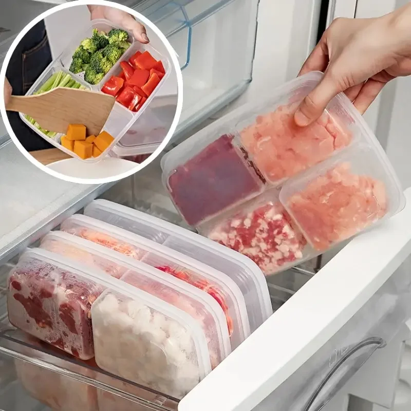 4 Gitter Lebensmittel-Aufbewahrungsbox, tragbares Fach, Kühlschrank, Gefrierschrank, Organizer, unterverpackt, Fleisch, Zwiebeln, Ingwer, transparentes Küchenwerkzeug, 1 Stück