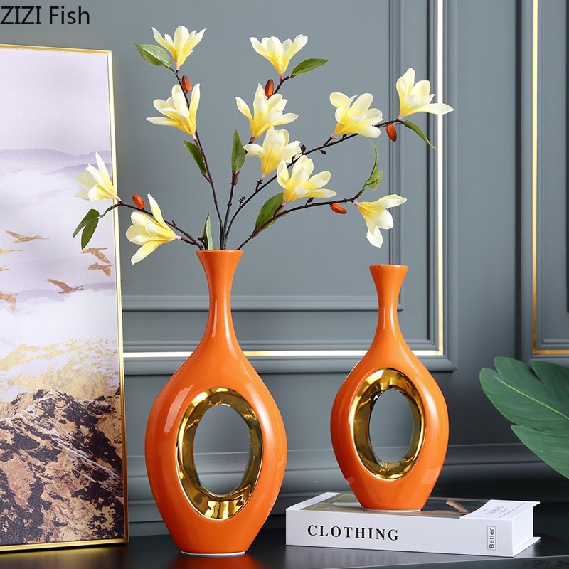 Modern Luxury Orange Phnom Penh Ceramic Vase Living Room Entrance Family Decoration Hollow Flower Vase Home Decoration