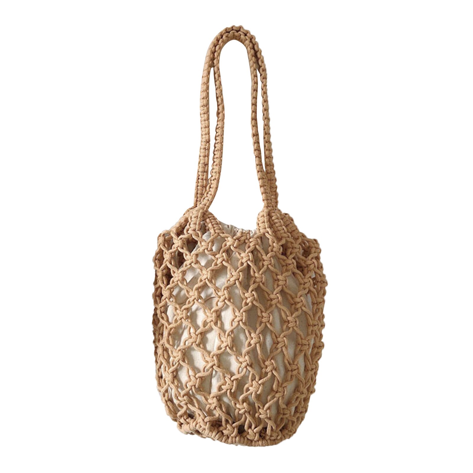 Zomer Holle Geweven Schoudertas Effen Kleur Lichtgewicht Casual Wild Emmer Purse Handtas Met Innerlijke Trekkoord Zak: Bruin