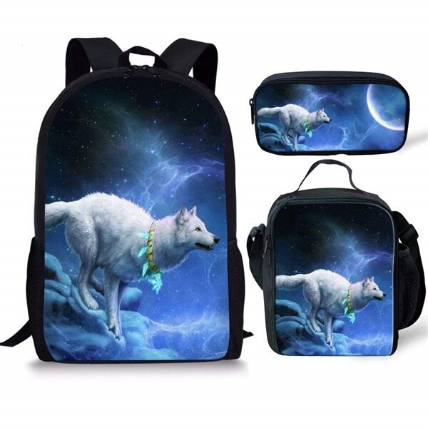 INSTANTARTS Cool Galaxy/Universe Wolf Print Schooltas voor Jongens 3 STUKS Set Rugzakken Kinderen Casual Middelbare School Student Rugzak: P1325CGK