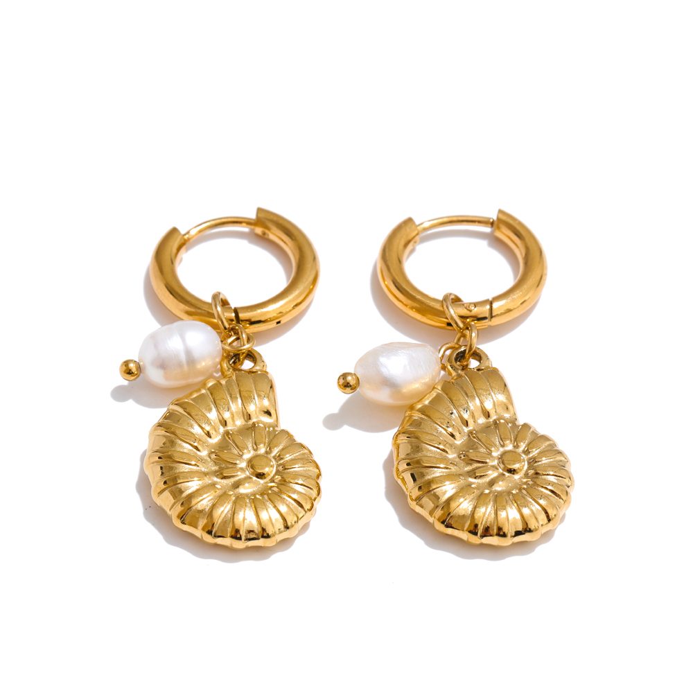 Yhpup Oceaan Stijl Natuurlijke Parel Schelp Zeester Zomer Hoepel Oorbellen voor Vrouwen Roestvrij Staal Dagelijkse Sieraden: Goud-kleur