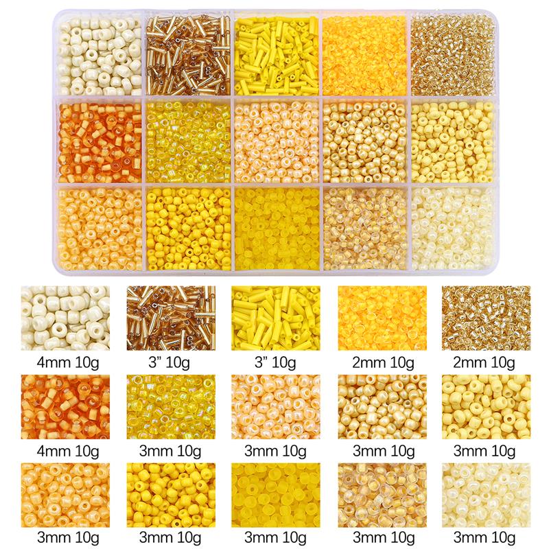 Juego de cuentas de vidrio de 15 colores para hacer pulseras, cuentas espaciadoras sueltas con caja de almacenamiento, Kit de tubos para manualidades, dijes de collares: YELLOW