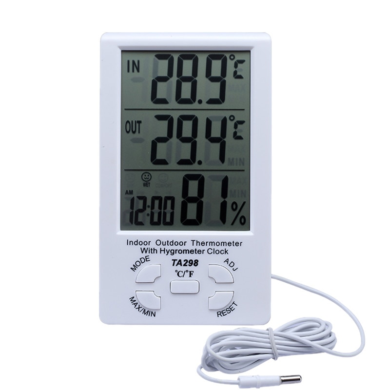Indoor Outdoor Lcd Digitale Desktop Temperatuur Meter Vochtigheid Thermometer Tijd Klok Met Externe Probe Sensor Kabel