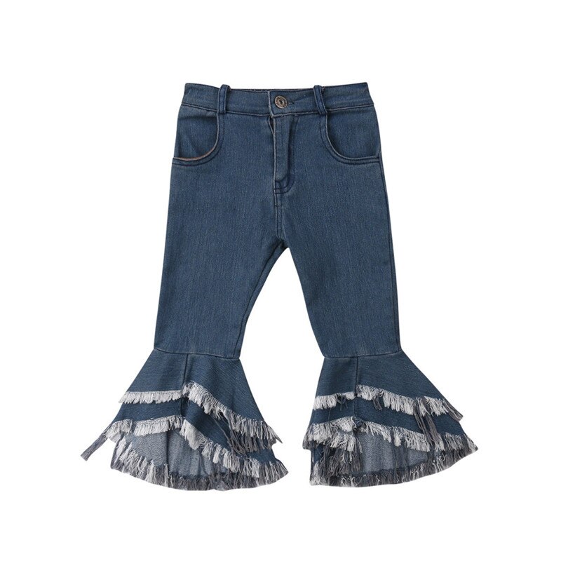 Newborn Toddler Kids Baby Girl Tassel Long Jeans Denim Ruffle Flared Pant Bell-bottom Trouser Girls Clothes 2-7Years