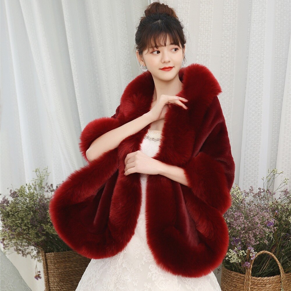 JaneVini Burgundy Wedding Jacket Furry Bridal Faux Fur Shawl Wrap Winter Bolero Cloak Women Evening Party Stole In Stock