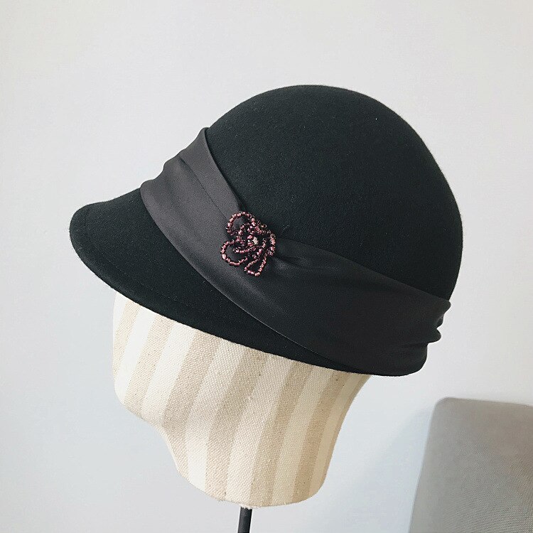 Solid vinter kvinders varme uld fedora hat retro stil bånd band damer ridning cap baseball cap beret hat formel: Sort